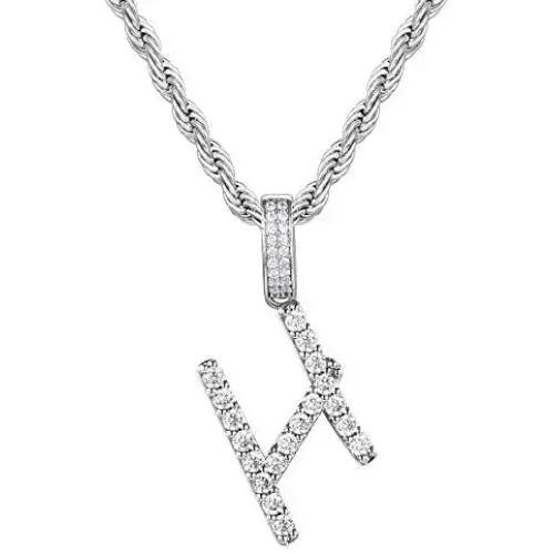 TRIPOD JEWELRY Iced Out Pendant Initial Letter Pendant Necklace for Women, White Gold Plated Custom Pendant with Rope Chain A To Z