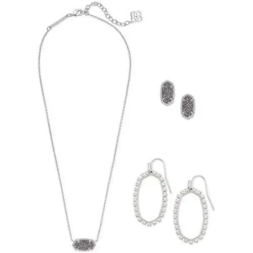 Kendra Scott Elisa Necklace, Ellie Earrings, & Elle Open Frame Crystal Earrings Gift Set in Silver-Plated Brass