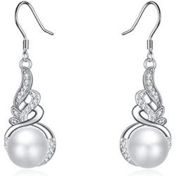 925 Sterling Silver Pearl Drop Earring White Pearl Dangle Earrings with Angel Wing Cubic Zirconia Silver Dangle Earring for Women