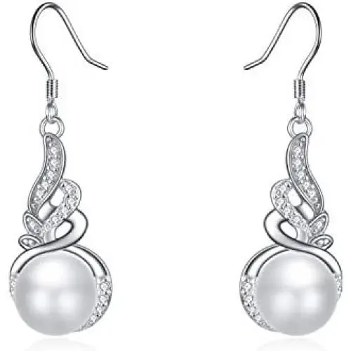 925 Sterling Silver Pearl Drop Earring White Pearl Dangle Earrings with Angel Wing Cubic Zirconia Silver Dangle Earring for Women 925 Sterling Silver Pearl Drop Earring White Pearl Dangle Earrings with Angel Wing Cubic Zirconia Silver Dangle Earring for Women