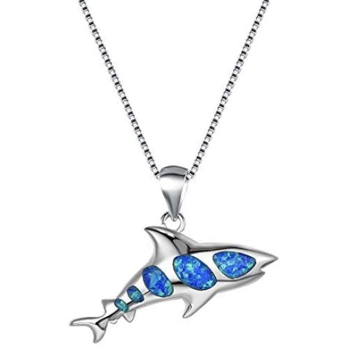 Bamos Ocean Opal Necklace for Women Girls Boys, 14K Gold Plated Shark/Sea Turtle/Dolphin/Starfish/Sailfish/Penguin/Seahorse/Conch/Stingray/Whale Tail Pendant Necklace, 16.5''-18.0''