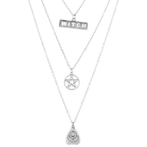 LUX ACCESSORIES Burnished Silver Witch Wiccan Pentagram Opal Layered Necklace