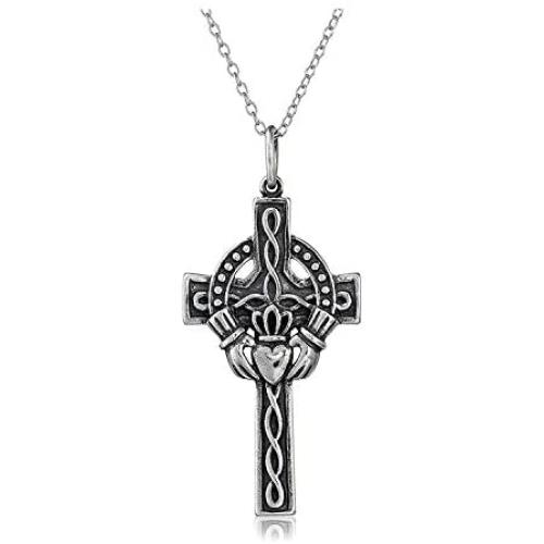 Oxidized 925 Sterling Silver Celtic Claddagh Crown, Cross or Celtic Knot Pendant Necklace, 18''