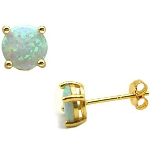 14K Yellow Gold Filled Sterling Silver Fire Opal Gemstone Stud Earring for Women Men, Color White - Blue - Pink - Green - Black, Diameter 3mm - 4mm - 5mm - 6mm