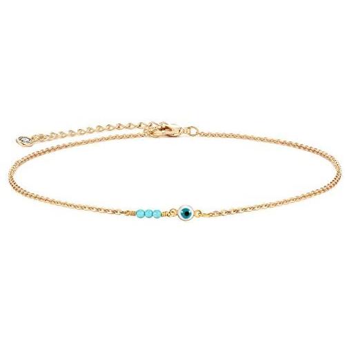 Dainty Evil Eye Protection Necklace,14K Gold Plated Cute Delicate Handmade Tiny Bead Necklace for Women