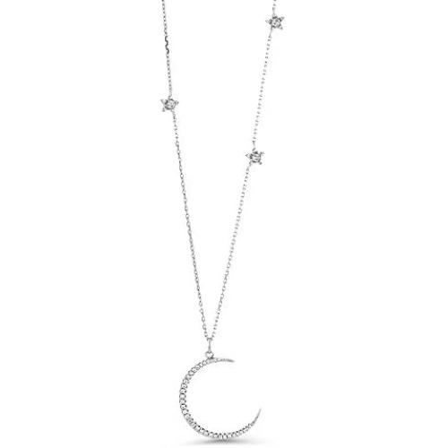 Gem Stone King 925 Sterling Silver Half Moon and Stars Pendant Necklace For Women with CZ Charm and Adjustable Chain Length 16 Inch - 18 Inch
