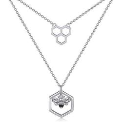 Bee Necklace for Women 925 Sterling Silver Honeycomb Bee Double Layered Choker Necklaces Jewelry Bumble Bee Gifts