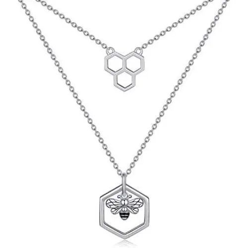 Bee Necklace for Women 925 Sterling Silver Honeycomb Bee Double Layered Choker Necklaces Jewelry Bumble Bee Gifts