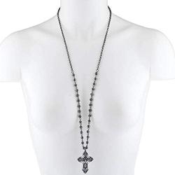 Lux Accessories Classic 80s Gothic Black Rosary Cross Beaded Pendant Necklace