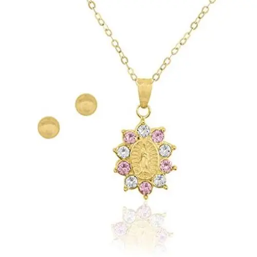 18K Gold Plated Sterling Silver Studded with Swarovski Crystals Guadalupe Pendant Necklaces and Ball Earring Set