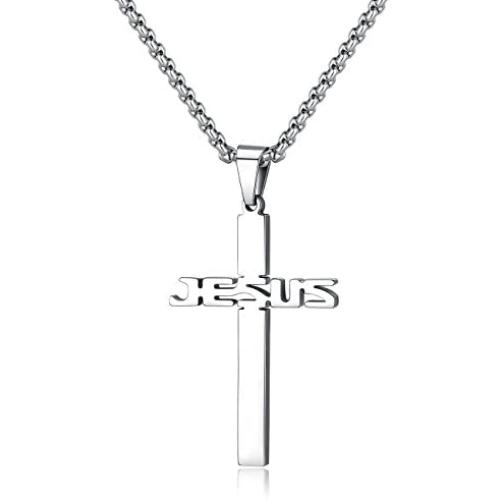 REVEMCN Jewelry Stainless Steel Simple Jesus Cross Pendant Necklace for Men Women 20-24 Inches Rolo Chain