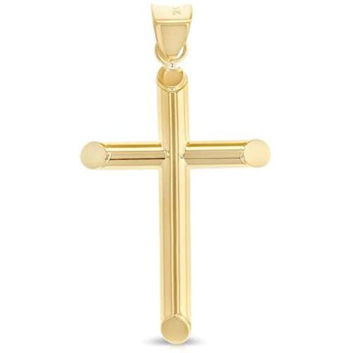 Ioka - 14K Yellow Gold Classic Tube Cross Religious Polished Charm Pendant For Chain