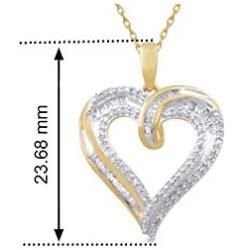 Jewelili 10k Yellow Gold 1/4 cttw White Round Diamond Heart Shape Pendant,18'' Rope Chain