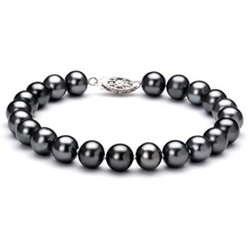 Black 7.5-8.5mm AA Quality Freshwater 925 Sterling Silver Cultured Pearl Bracelet For Women