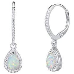 FANCIME October Birthstone Sterling Silver Created Fire Opal Necklace/Stud Leverback Earrings Teardrop CZ Cubic Zirconia Halo Gemstone Fine Jewelry Gifts for Women Girls