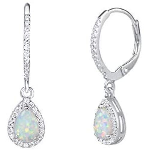 FANCIME October Birthstone Sterling Silver Created Fire Opal Necklace/Stud Leverback Earrings Teardrop CZ Cubic Zirconia Halo Gemstone Fine Jewelry Gifts for Women Girls