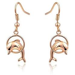 León Jewelry Rose Gold Cute Dolphin Hook Earrings Dangle Ear Studs Women Ladies Fashion Unique