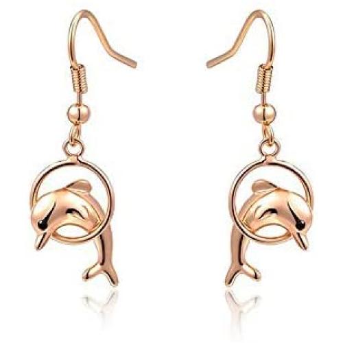 León Jewelry Rose Gold Cute Dolphin Hook Earrings Dangle Ear Studs Women Ladies Fashion Unique