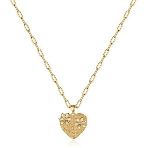 Hidepoo Birth Flower Necklaces for Women, 14K Gold Plated Dainty Paperclip Chain Engraved Floral Heart Necklace Simple Birth Month Flower Pendant Necklace Personalized Jewelry Birthday Gift for Women