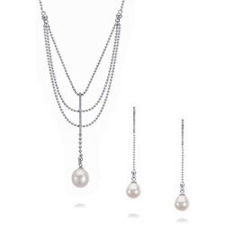 Real 925 Sterling Silver with White Drop-Shape Natural Fresh Water Cultured Pearl Necklace & Dangle Earrings Set