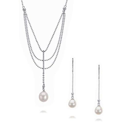 Real 925 Sterling Silver with White Drop-Shape Natural Fresh Water Cultured Pearl Necklace & Dangle Earrings Set
