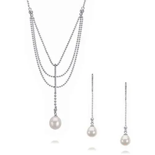 Real 925 Sterling Silver with White Drop-Shape Natural Fresh Water Cultured Pearl Necklace & Dangle Earrings Set Real 925 Sterling Silver with White Drop-Shape Natural Fresh Water Cultured Pearl Necklace & Dangle Earrings Set