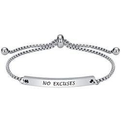 Mas&Yas Inspirational Mantra Message Engraved -No Excuses- Adjustable Cuff Bracelet, Motivation Jewelry Gifts for your friends