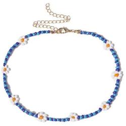 2 Pcs Lightweight Boho Beadeds Necklaces Bracelets Set Delicate White Petals Yellow Flower Core Necklaces Bracelets for Women Girls Jewelry(Dark Blue)