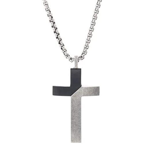 Steve Madden Black Rhodium IP Plated Stainless Steel Diagonal Design Cross Necklace for Men on 26 Inch Box Chain with 2 Inch Extender (Black)
