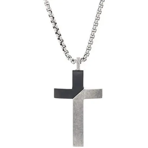 Steve Madden Black Rhodium IP Plated Stainless Steel Diagonal Design Cross Necklace for Men on 26 Inch Box Chain with 2 Inch Extender (Black) Steve Madden Black Rhodium IP Plated Stainless Steel Diagonal Design Cross Necklace for Men on 26 Inch Box Chain with 2 Inch Extender (Black)