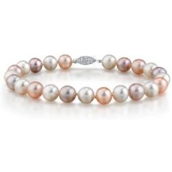 THE PEARL SOURCE Sterling Silver 7-8mm AAA Quality Round Multicolor Freshwater Cultured Pearl Bracelet for Women