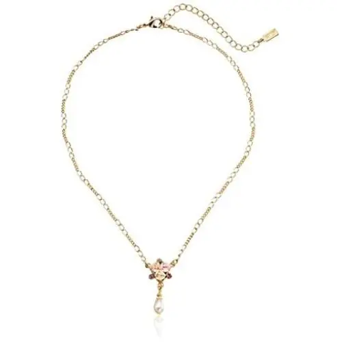 1928 Jewelry Gold-Tone Crystal Pink Porcelain Rose Simulated Pearl Adjustable Pendant Necklace, 16''