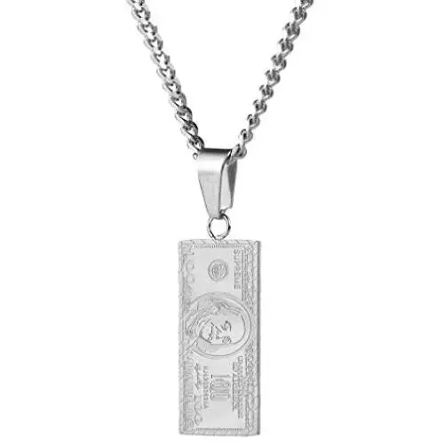 Nsitbbuery Hip Hop Stainless Steel Dollar Bill Tag Pendant Necklace Nsitbbuery Hip Hop Stainless Steel Dollar Bill Tag Pendant Necklace