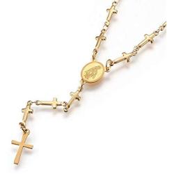 LZD Stainless Steel Rosary Bead Necklace Enamel Evil Eye Virgin Mary Cross 18'' P31