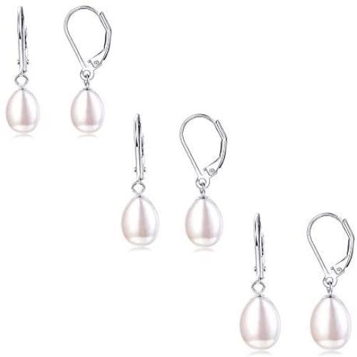 Fansilver Sterling Silver Pearl Drop Earrings For Women 6MM 7MM 8MM Freshwater Cultured Pearl Dangle Earrings Elegant Pearl Leverback Earrings Wedding Jewelry