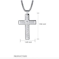 Mens Stainless Steel Cross Necklace with Lords Prayer Inscription, Cross Pendant Necklace