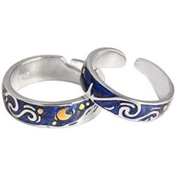 YONYou 2pcs S925 Sterling Silver Rings Van Goghs Sky Design Handmade Unique Blue Open Band Ring Promise Ring Size 5-9.5 Jewelry Gift for Women and Girls-Adjustable Size