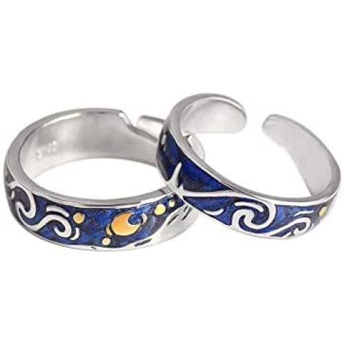 YONYou 2pcs S925 Sterling Silver Rings Van Goghs Sky Design Handmade Unique Blue Open Band Ring Promise Ring Size 5-9.5 Jewelry Gift for Women and Girls-Adjustable Size
