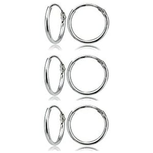Sterling Silver Small Endless 12mm Round Unisex Hoop Earrings for Men Women Set of 3 Pairs