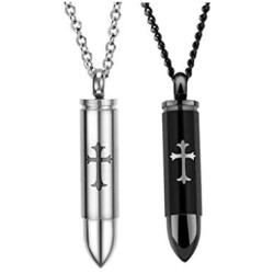 LAFATINA Bullet Urn Ashes Necklace Set of 2 Mens Women Lords Prayer Cross Cremation Holder Religious Memorial Bullet Pendant Necklaces