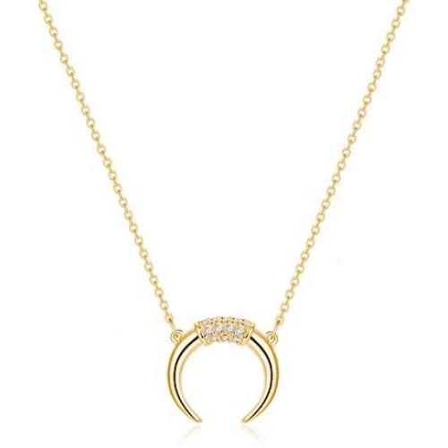 Fettero Women Crescent Moon Necklace Gold Double Horn Upside Down Moon Half Pendant 14K Gold Plated Dainty Chain Minimalist Simple Jewelry Gift