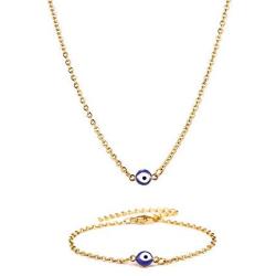 Meeran Evil Eye Necklace Bracelet Set,18K Gold Plated Stainless Steel Dainty Necklace for Women Girls