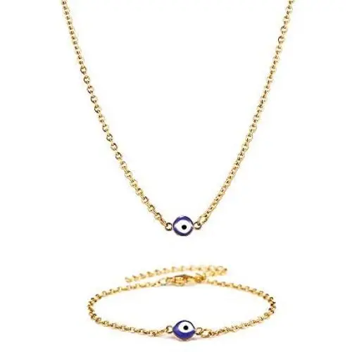 Meeran Evil Eye Necklace Bracelet Set,18K Gold Plated Stainless Steel Dainty Necklace for Women Girls