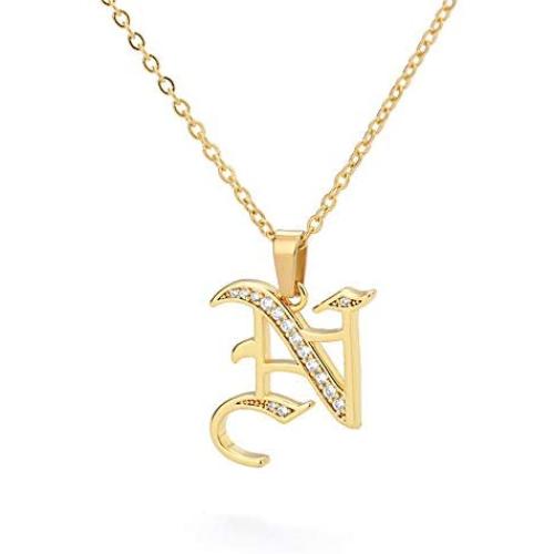Elefezar Old English Initial Necklace with Cubic Zirconia Inlaid 18K Gold Plated 26 Letters Pendant Chain Jewelry