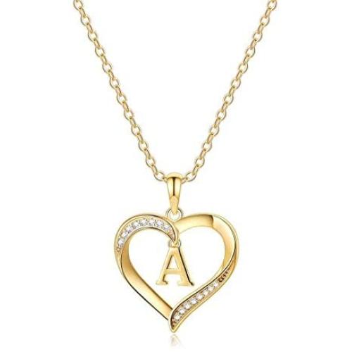 Heart Initial Necklace for Women, 14K Gold Plated Cubic Zirconia Heart Pendant Necklace, Dainty Initial Charm Necklace Alphabet Letter A to Z Initial Jewelry for Women Girls