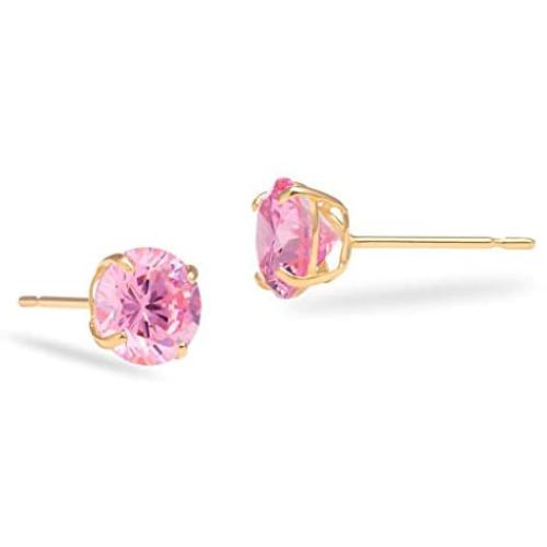 SOLIDGOLD - Real 14K Gold Round Pink CZ Stud Earrings | 0.030-4.00 CTW | Yellow, Rose & White Gold
