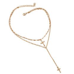 Chargances Women Y Lariat Necklace with Cross Pendant Gold Cross Necklace Bohemia Cross Laying Necklace Multi layer Chain Delicate Women Y Necklaces for Women Long Choker Jewelry for Women and Girls