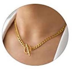 CHESKY 14K Gold Plated Moon Star Toggle Bar Clasp Necklaces for Women Dainty Hammered Coin Pendant Necklace Minimalist Handmade Chunky Link Chain Necklaces