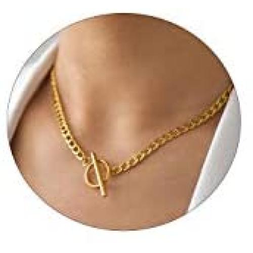 CHESKY 14K Gold Plated Moon Star Toggle Bar Clasp Necklaces for Women Dainty Hammered Coin Pendant Necklace Minimalist Handmade Chunky Link Chain Necklaces