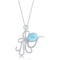 Nautical Octopus Caribbean Natural Larimar Gemstone Sterling Silver Pendant 18’’ Necklace Jewelry for Women or Teens